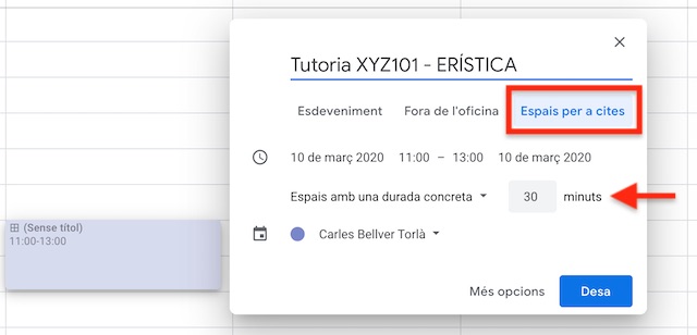 Captura de pantalla: crear espais per a cites de tutoria en Google Calendar