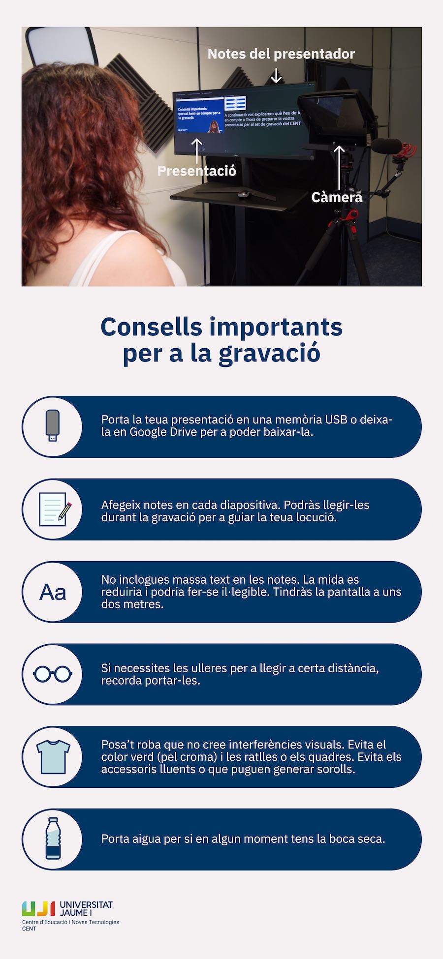 Infografia amb la llista de consells per a la gravació de vídeos en les instal·lacions del CENT.