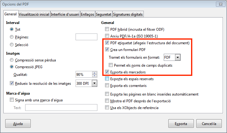 Opcions d'exportació de LibreOffice Writer a PDF