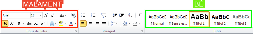 Barra d'eines de Microsoft Word. Controls tipogràfics (malament) i selecció d'estils (bé)