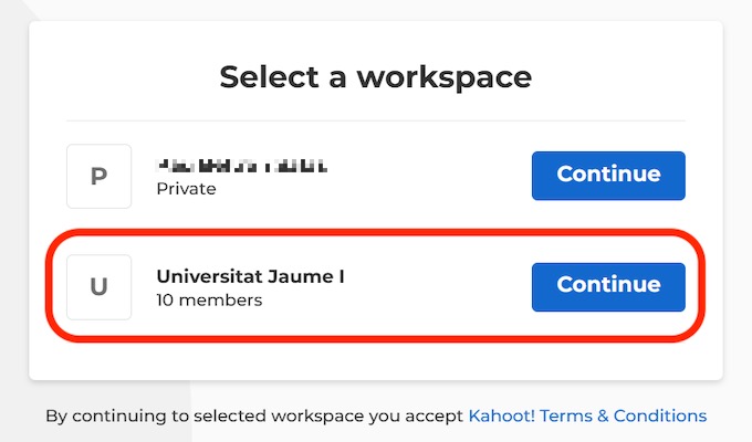 Captura de pantalla de la selecció de l’espai de treball UJI en Kahoot.