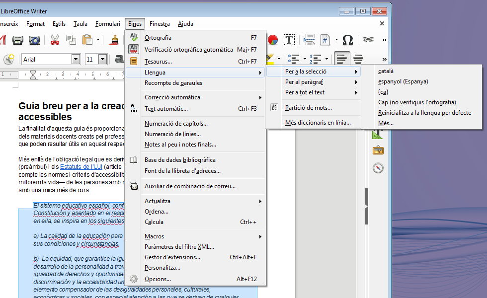 Menú de selecció d'idioma en LibreOffice Writer